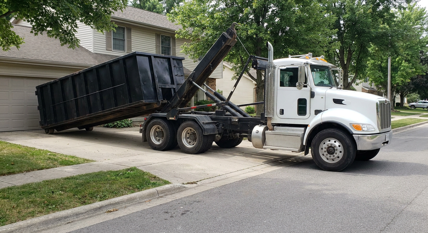 White-cab hooklift roll-off truck actively lowering a matte-black dumpster onto a Chicago residential concrete driveway, the dumpster's rear wheels touching the driveway as the hoist arm tilts the bed forward, mid-morning daylight.